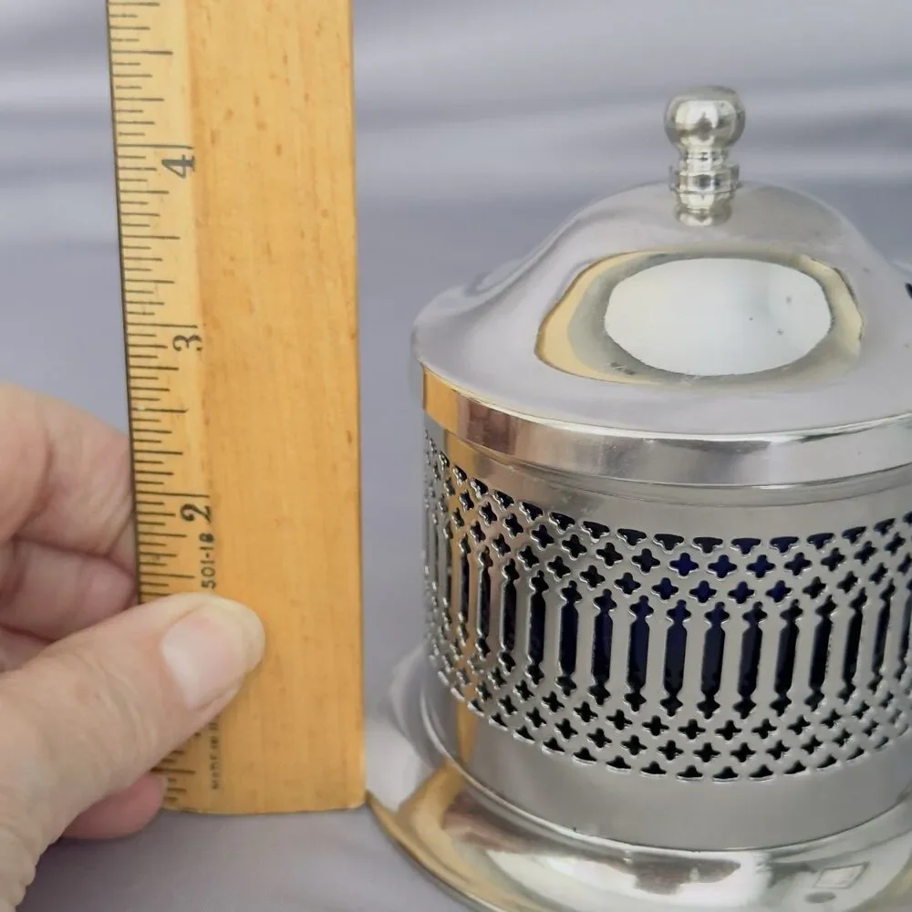 England Silver Plated Condiment Jar Lid Cobalt Blue Glass Insert & Spoon Reticul